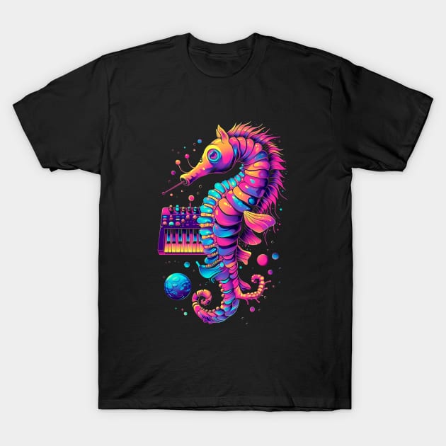 Synthwave Seahorse Serenade T-Shirt by AriWiguna